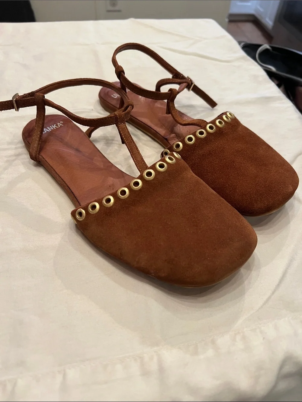 Ulanka barefoot Brown Suede T-Strap Flats with Gold Eyelets